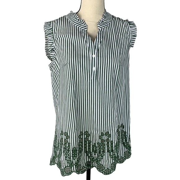 Skies Are Blue Sleeveless Ruffle Blouse Women Small Border Embroidery Striped - Picture 1 of 11